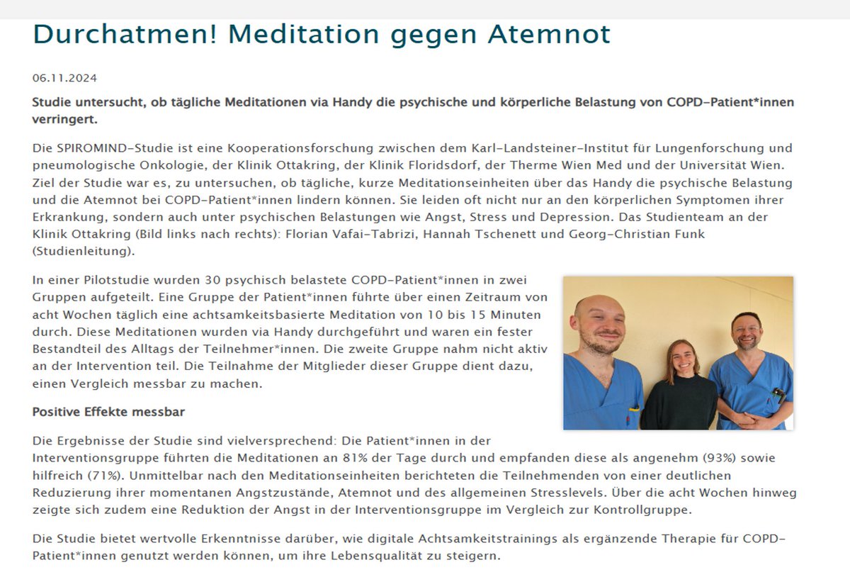 Read the results of our collaborative study with the Klinik Ottakring,  Klinik Floridsdorf, Karl Landsteiner Insititute for Lung Research and  Pneumology and the  Therme Wien Med, investigating a mindfulness-based digital intervention for COPD patients. (see below in picture)