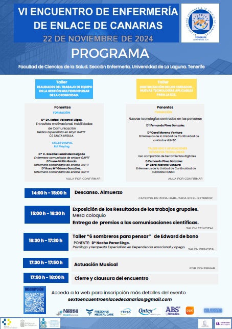 VIº Encuentro de Enfermería de Enlace de Canarias. GAPTF Área de Salud de Tenerife. 22 de noviembre de 2024. De 8 a 18 horas. Salón de Actos. Facultad de Enfermería. ULL.