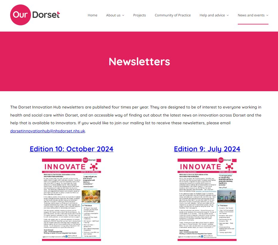 Have you had a chance to read the latest edition (Oct 2024) of the #DorsetInnovationHub newsletter yet? 
shorturl.at/DcgXT
Includes a summary of the educational opportunities offered by the #DorsetInnovationHub as well as wider training across the Dorset ICS.
Have a read!