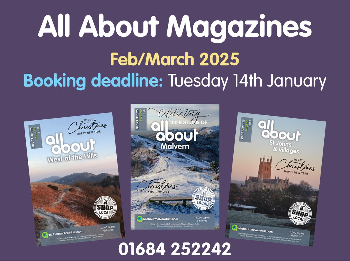 We are now working on the Feb/March 2025 edition of All About Magazines.  Does your business want to reach new customers in the Malvern Hills and Worcester area? Contact us on 01684 252242 or email sascha@allabout-local.com to find more.  allaboutmalvernhills.com