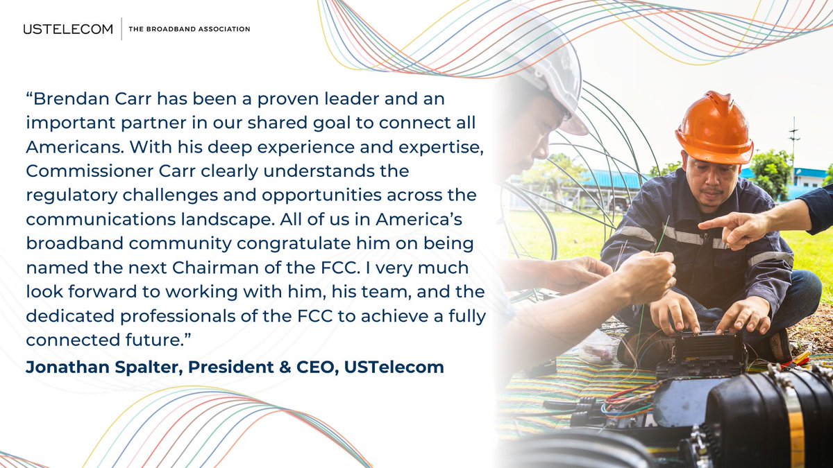 USTelecom's tweet photo. #USTelecom congratulates @BrendanCarrFCC on being named the next Chairman of the @FCC.
https://t.co/0fkCrn8yoq https://t.co/y0LnNRrva7