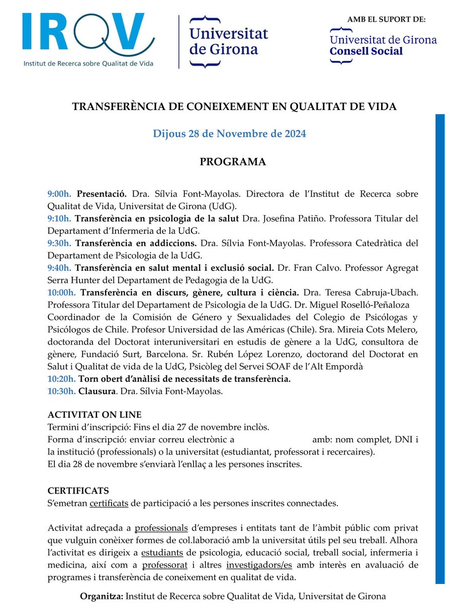 Institut de Recerca Sobre Qualitat de Vida (@irqvudg) on Twitter photo Teniu interès en encàrrecs de recerca a l'<a href="/IRQVUdG/">Institut de Recerca Sobre Qualitat de Vida</a> ? Voleu conèixer exemples de col.laboració?
Inscriviu-vos a la sessió on line sobre Transferència de Coneixement en Qualitat de Vida el dia 28 de novembre: sec.irqv@udg.edu
Sessió gratuïta amb certificat.
Us hi esperem! Teniu interès en encàrrecs de recerca a l'<a href="/IRQVUdG/">Institut de Recerca Sobre Qualitat de Vida</a> ? Voleu conèixer exemples de col.laboració?
Inscriviu-vos a la sessió on line sobre Transferència de Coneixement en Qualitat de Vida el dia 28 de novembre: sec.irqv@udg.edu
Sessió gratuïta amb certificat.
Us hi esperem!