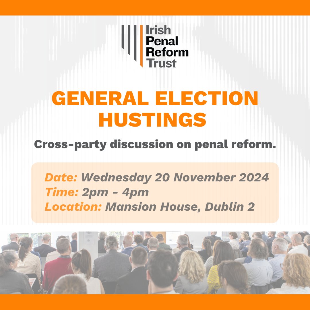 IPRT is delighted to be holding a cross-party hustings event on penal reform event in the lead up to the upcoming #GeneralElection.

📅 Date: Wednesday 20 November 2024.  
🕑 Time: 2pm to 4pm. 
📍 Location: Mansion House, Dublin 2

Register: iprt.ie/elections-2024…

#GE24 #GE2024