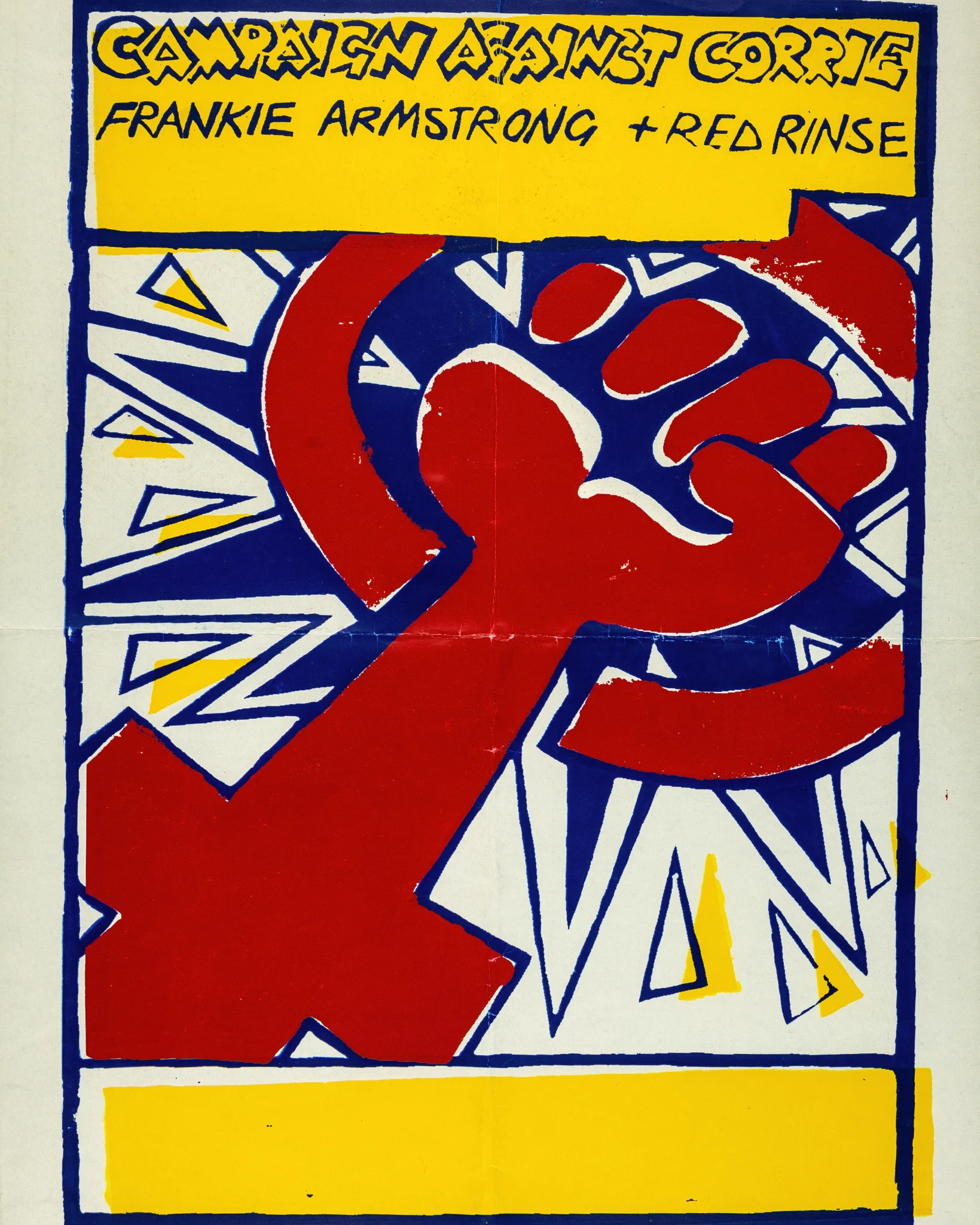 In a bold comic book style and colours, the feminist symbol of a fist within the venus symbol is in vivid red with a spiky blue action bubble around. “Campaign against Corrie Frankie Armstrong + Red Rinse”.