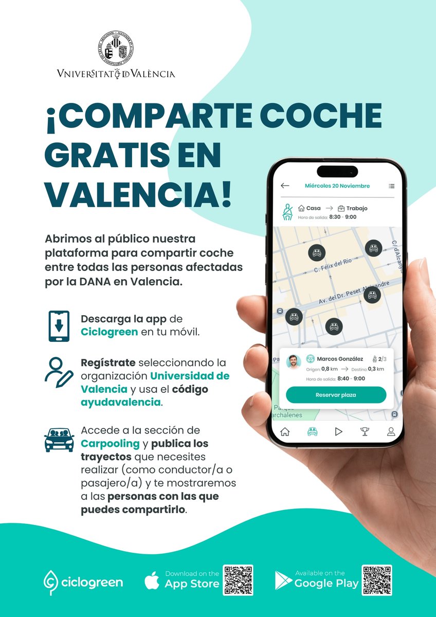La UV proporciona una plataforma per a compartir cotxe 🚗

Ciclogreen facilita la mobilitat després de la DANA. Oferix o busca places lliures per a desplaçaments sostenibles.

📲 Registra’t amb el correu UV.

🔗 Més info 👉 ir.uv.es/0zb0zRq

#UVSostenibilitat #DANA