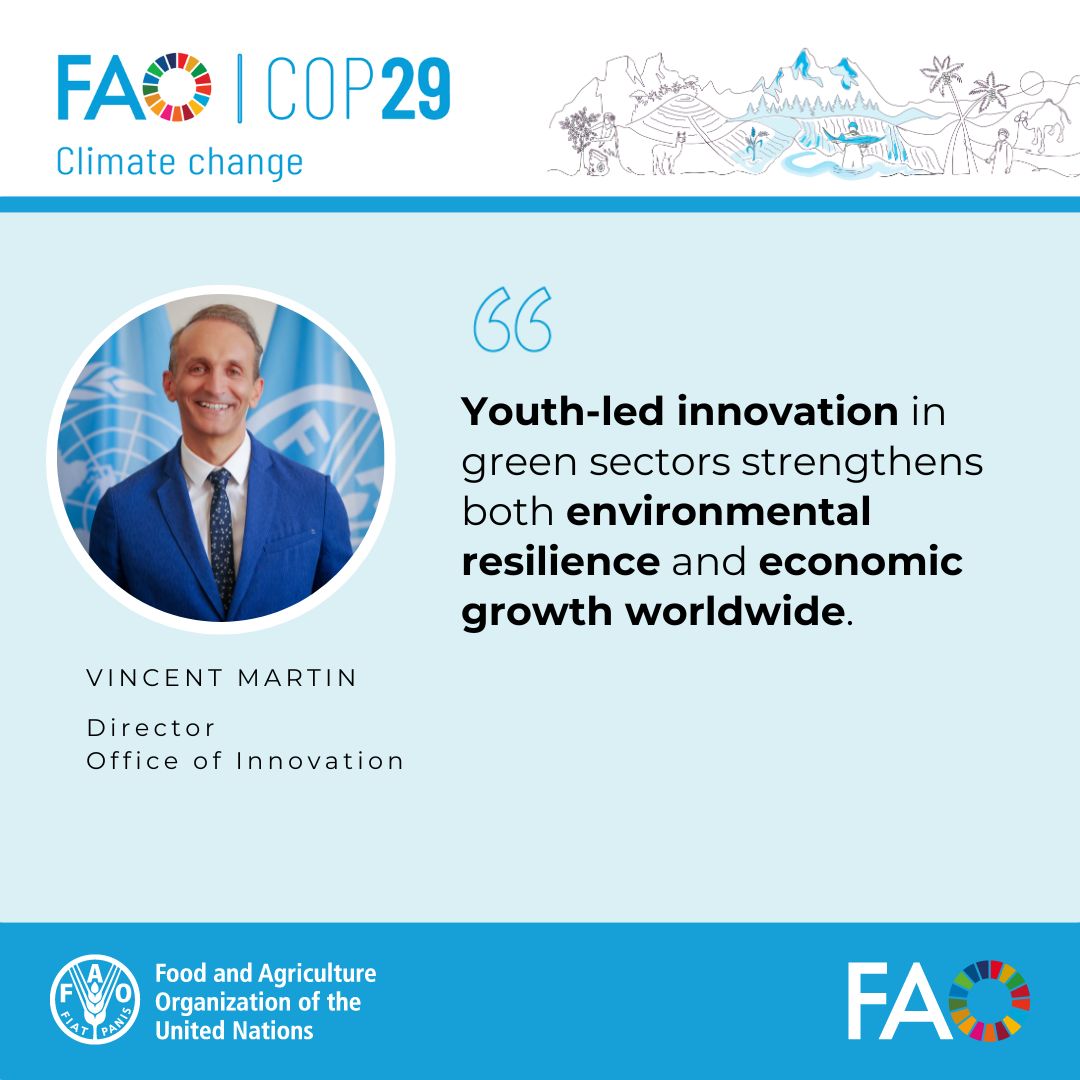 FAO Innovation (@faoinnovation) on Twitter photo At #COP29, we’re showcasing how <a href="/FAO/">Food and Agriculture Organization</a> empowers youth to drive a green economy.
From MIJA in Senegal to green jobs in Palestine & Zimbabwe, young leaders are transforming agrifood systems with sustainable practices & innovative solutions.
Stay tuned for insights! #AgInnovation At #COP29, we’re showcasing how <a href="/FAO/">Food and Agriculture Organization</a> empowers youth to drive a green economy.
From MIJA in Senegal to green jobs in Palestine & Zimbabwe, young leaders are transforming agrifood systems with sustainable practices & innovative solutions.
Stay tuned for insights! #AgInnovation