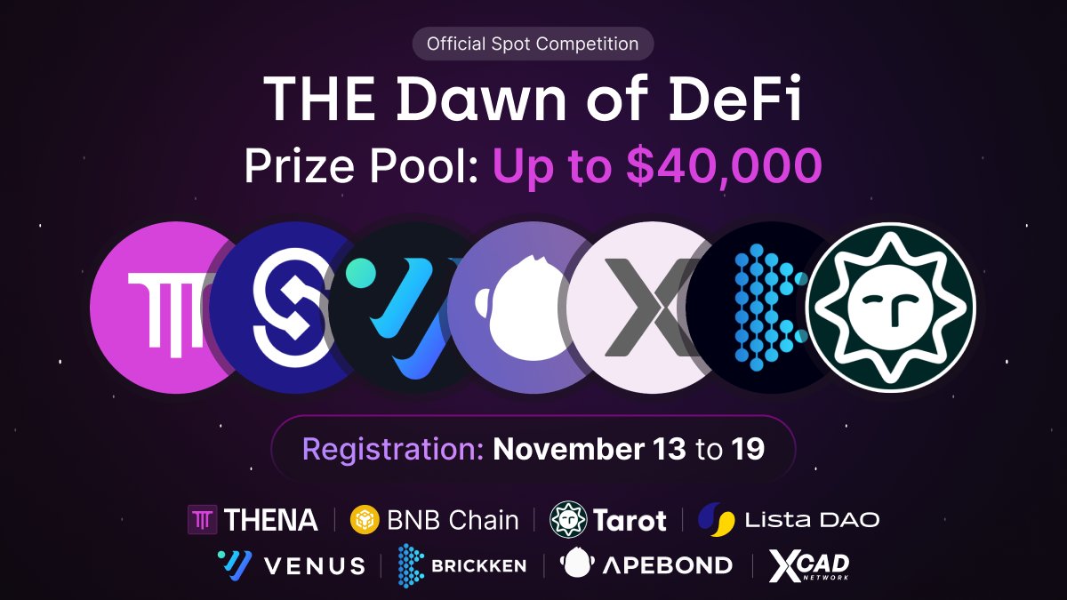 THENA (@thenafi_) on Twitter photo What happens when top players on <a href="/BNBCHAIN/">BNB Chain @ #BinanceClubhouse</a> join forces for a trading competition?
💜 Up to $40,000 in rewards, 80 winners 🏛️
Register by TOMORROW for just $3 lisUSD to secure your spot! It’s %PnL based, making it fair for everyone. What happens when top players on <a href="/BNBCHAIN/">BNB Chain @ #BinanceClubhouse</a> join forces for a trading competition?
💜 Up to $40,000 in rewards, 80 winners 🏛️
Register by TOMORROW for just $3 lisUSD to secure your spot! It’s %PnL based, making it fair for everyone.