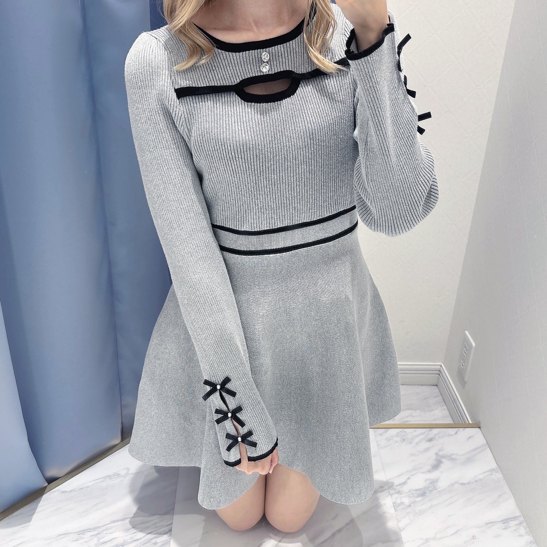 evelyn バイカラーニットフレア ワンピース エブリン バイカラーニット