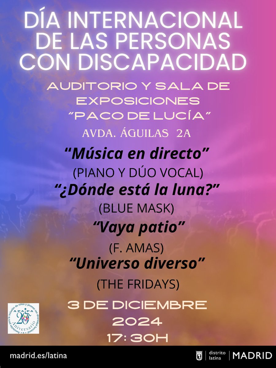 Porque el #arte es para todos, el 3 de diciembre tienes una cita con la #musica, el #teatro y la #danza hechas por personas con #discapacidad. Te esperamos en el auditorio Paco de Lucía de #DistritoLatina. Déjate sorprender por la (dis)capacidad!!