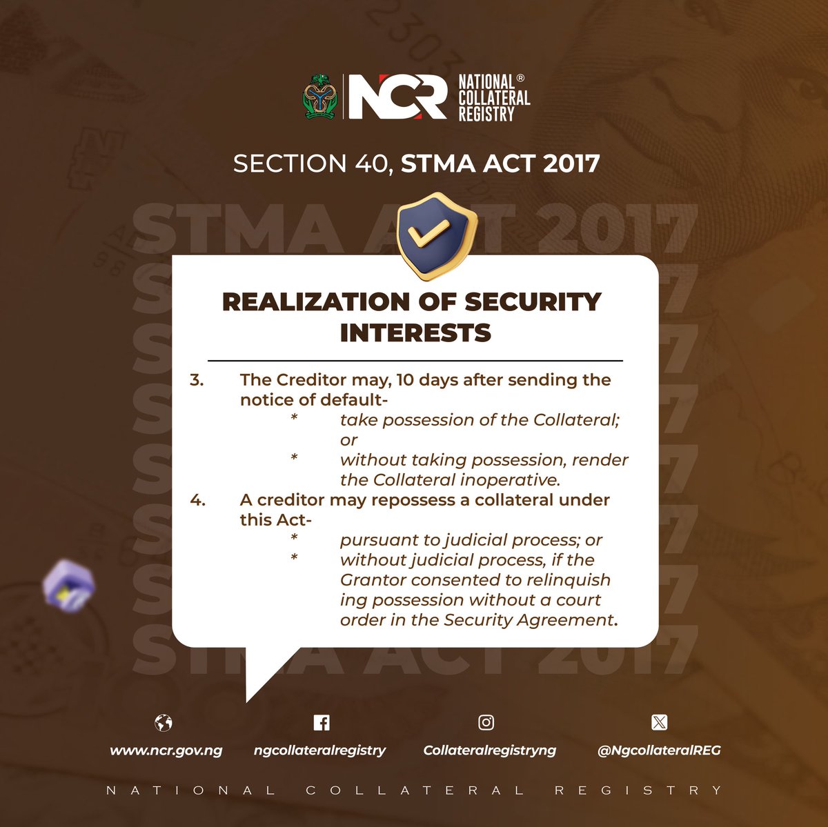 NGCollateralREG's tweet photo. From default notices to repossession processes, here's everything creditors need to understand about realizing security interests, as described in Section 40 of the STMA Act 2017!

Follow for more: https://t.co/S08AQ2GQD7 https://t.co/XGwUgoY4ql