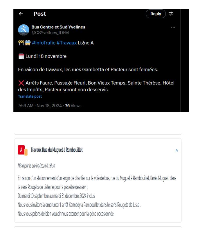 Agglo_RT78 (@agglo_rt78) on Twitter photo ℹ️ INFO TRAFIC - Ligne A
📅 Lundi 18 novembre : les rues Gambetta et Pasteur sont fermées pour travaux. Les arrêts dans ces rues ne seront donc pas desservis.
📅 Du 10 septembre au 31 décembre : l'arrêt Muguet, dans le sens Rouget de Lisle, ne sera pas desservi. ℹ️ INFO TRAFIC - Ligne A
📅 Lundi 18 novembre : les rues Gambetta et Pasteur sont fermées pour travaux. Les arrêts dans ces rues ne seront donc pas desservis.
📅 Du 10 septembre au 31 décembre : l'arrêt Muguet, dans le sens Rouget de Lisle, ne sera pas desservi.
