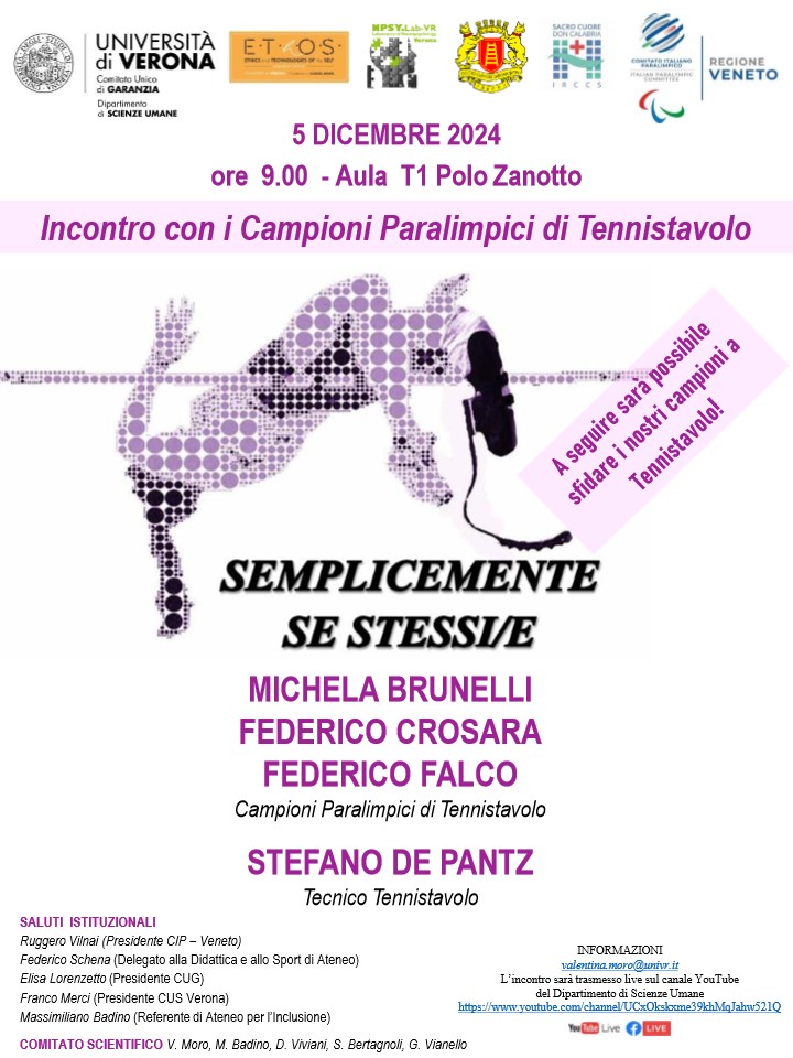 Noi prontissimi a sfidare i campioni a #Tennistavolo nella VII edizione di "Semplicemente se stessi”, e voi? Vi aspettiamo all'incontro con gli #Atleti #Paralimpici di #Tennistavolo il 5 dicembre alle 9:00 --&gt; Aula T1 Polo Zanotto@UniVerona #UNIVR!
youtube.com/channel/UCxOks…