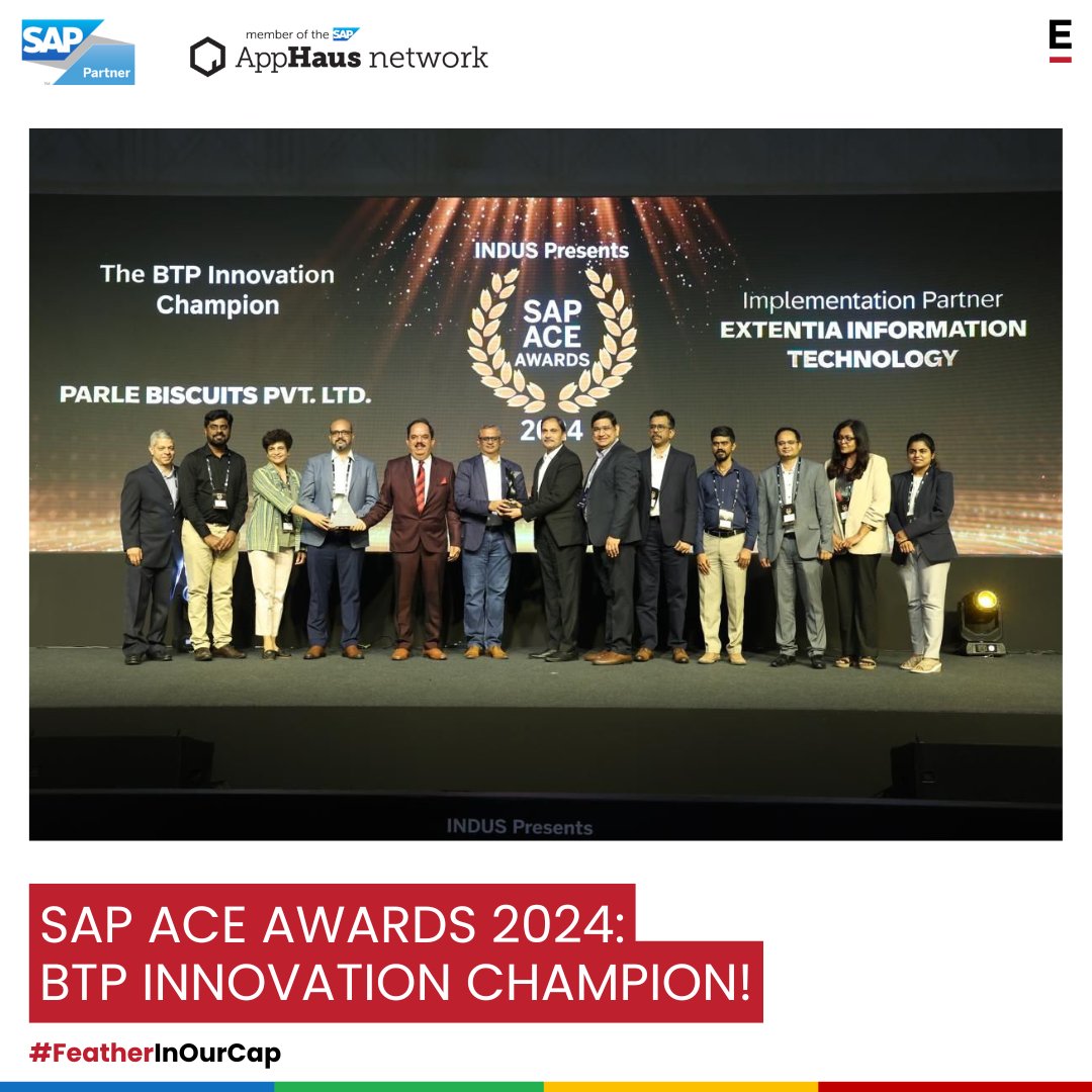 EXTENTIA's tweet image. Congrats to Parle Biscuits Pvt. Ltd. for winning the “BTP Innovation Champion” at the SAP ACE Awards&apos;24! Extentia is proud to be #SAPBTP implementation partner for Parle using #SAPAppHaus methodologies to deliver innovation with confidence. Here’s to more shared success!