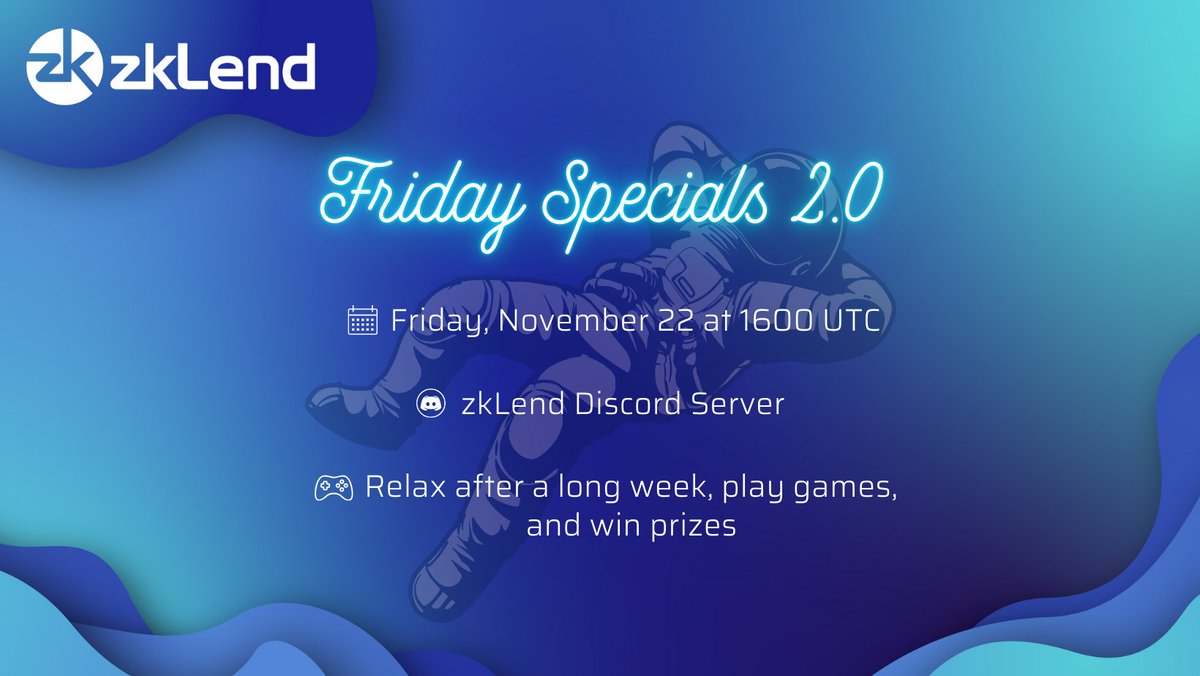 zkLend's tweet photo. ✨ After an epic week of #DevconSEA and #Starknet vibes, it’s time to unwind!
🎮 Friday Specials 2.0 is back on Nov 22 at 1600 UTC.
🧩 Bring your A-game and let’s keep the momentum going just before $STRK staking goes live next week!
💥 Set your reminders: https://t.co/7CutPY7WNE