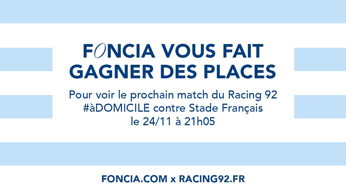 🔴 #JEU #CONCOURS 🔴

Prêts à retrouver nos #RacingMen ?
Jouez avec <a href="/foncia/">FONCIA</a> pour tenter de gagner 5 places pour le match du <a href="/racing92/">Racing 92</a> vs <a href="/SFParisRugby/">Stade Français Paris</a> dimanche 24/11/2024 au Stade Jean Bouin à Paris !

Pour participer : RT + FOLLOW le compte <a href="/foncia/">FONCIA</a>