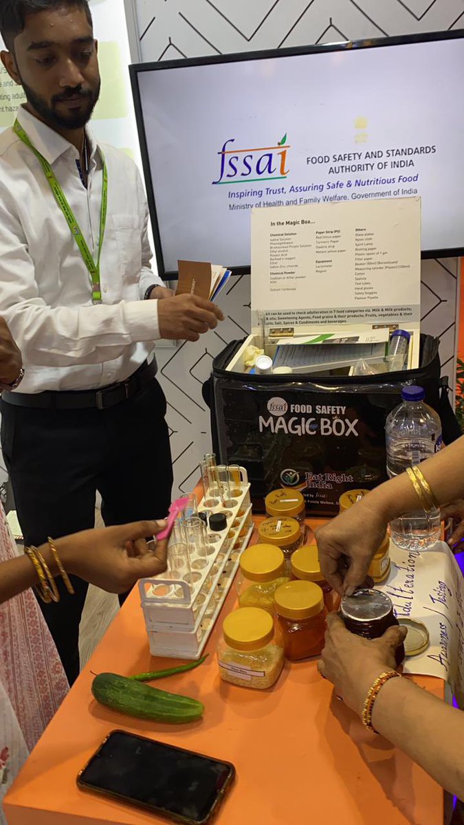 fssaiindia's tweet image. Empowering you to eat right, one test at a time! Visitors at #FSSAI's stall at #IITF2024 are discovering the power of the #MagicBox, testing food products for adulteration in real time. Ensuring safer choices, healthier lives. Stop by and become an informed consumer today!