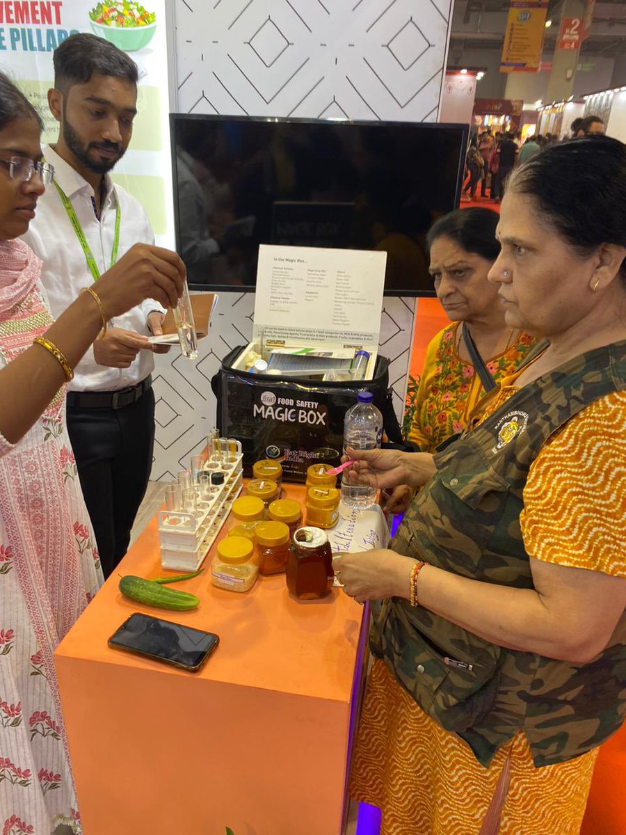fssaiindia's tweet image. Empowering you to eat right, one test at a time! Visitors at #FSSAI's stall at #IITF2024 are discovering the power of the #MagicBox, testing food products for adulteration in real time. Ensuring safer choices, healthier lives. Stop by and become an informed consumer today!