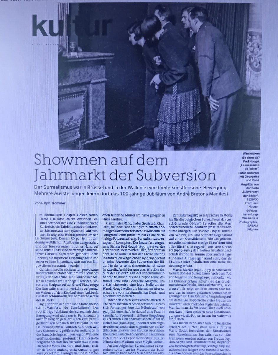 100 Jahre Surrealismus! Heute in der <a href="/TazKultur/">taz Kulturredaktion</a> <a href="/tazgezwitscher/">taz</a> kommt der belgische Surrealismus <a href="/BelgienTourist/">visitwallonia.deutschland</a> groß raus! Ausstellungen u.a. in Mons, Lüttich und Charleroi zeigen viele Facetten der Kunst- und Literaturströmung.