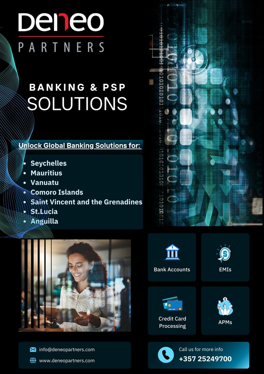 DeneoPartners's tweet photo. We simplify banking and payment solutions in challenging regions, connecting you with trusted partners worldwide.
#BankingSolutions #PSPs #CreditCardProcessing #FinancialServices #FX #FXBrokers #Seychelles #Mauritius #Vanuatu #ComoroIslands #SVG #SaintLucia #Anguilla https://t.co/LDPqgLvjqU