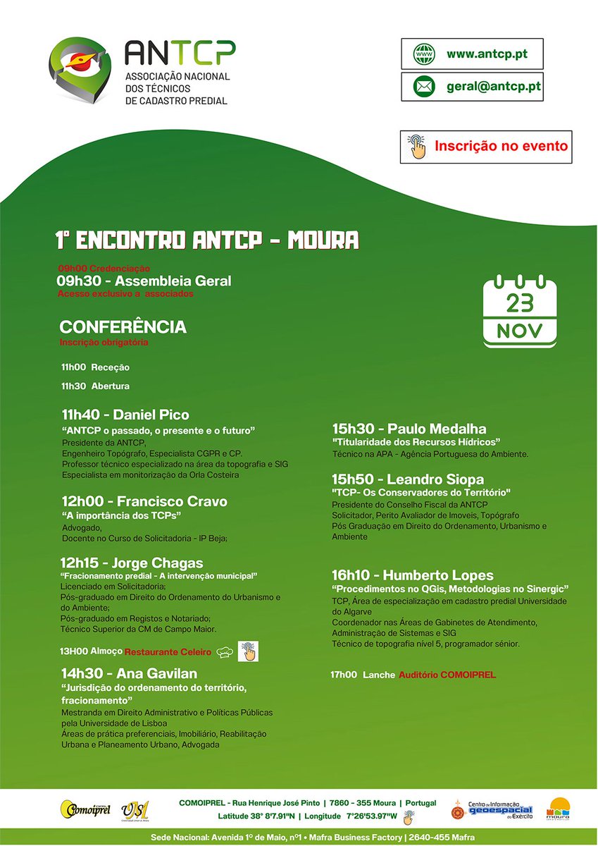 DIVULGAÇÃO |

👉Moura recebe, no próximo dia 23 de novembro, o 1.º Encontro - ANTCP - Associação Nacional dos Técnicos de Cadastro Predial.

Inscrições: docs.google.com/forms/d/e/1FAI…