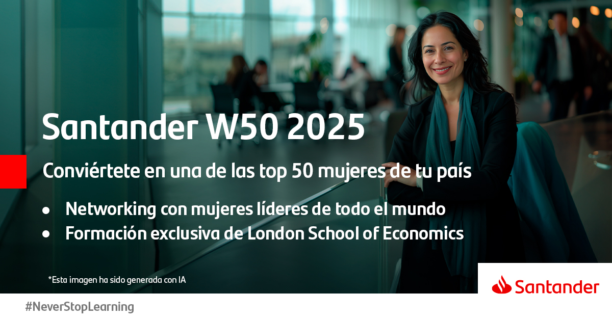 SantanderOA's tweet photo. ¿Quieres ser una de las 50 mujeres líderes de tu país?
#SW50, el prestigioso programa internacional de liderazgo femenino de @bancosantander, te busca. 

Si ocupas un puesto de alta dirección, inscríbete y:

✅ Conecta con una red global de mujeres líderes de 11 países
✅ Accede a un curso online exclusivo de The London School of Economics and Political Science (LSE)
✅ Participa en un evento con profesionales líderes de tu país
✅ Accede a la convocatoria global y consigue la oportunidad de recibir una formación de @LSEExecEd en Londres

Inscríbete en https://t.co/xTaNlMXrFk y consolida tu propio estilo de liderazgo.
