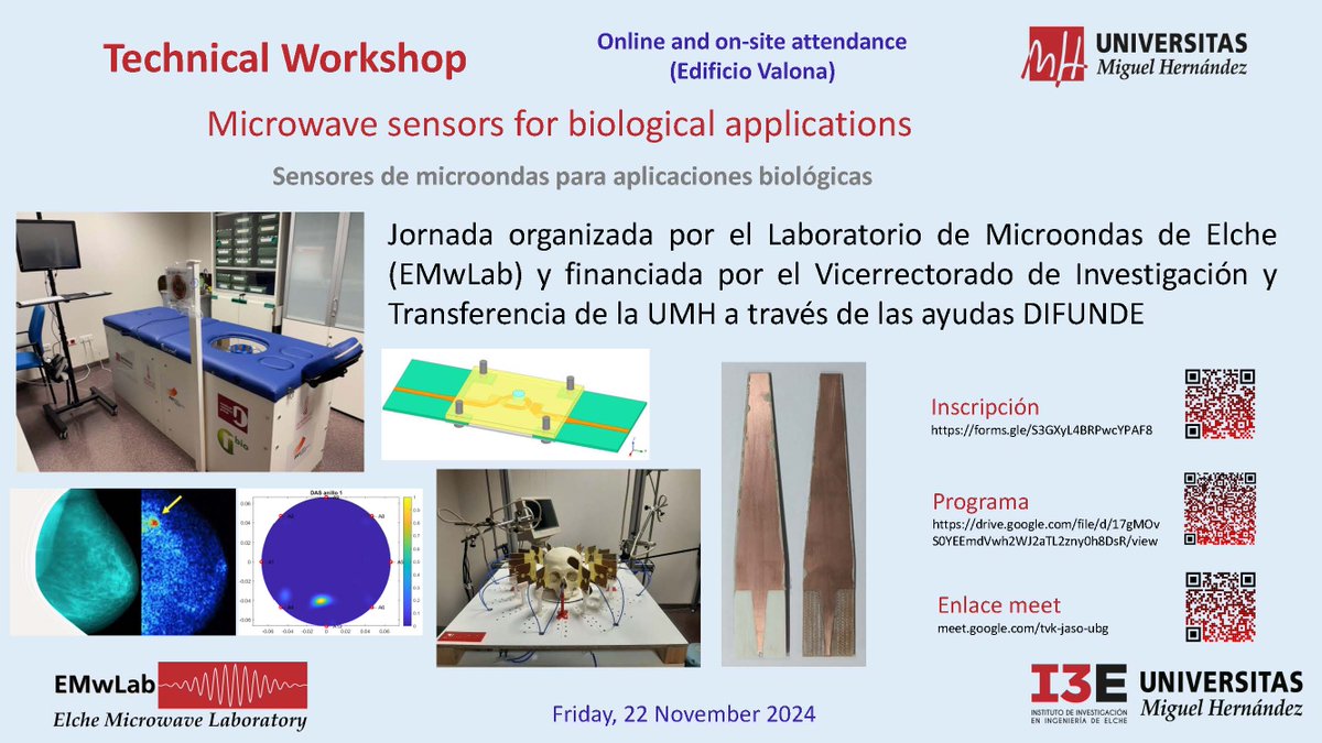 Este Viernes 22 de noviembre de 2024 a partir de las 10:00 en el Edificio Valona y en formato online se realizará el workshop "Microwave sensors for biological applications". Toda la información en el Poster de la Jornada. epse.umh.es/files/2024/11/…