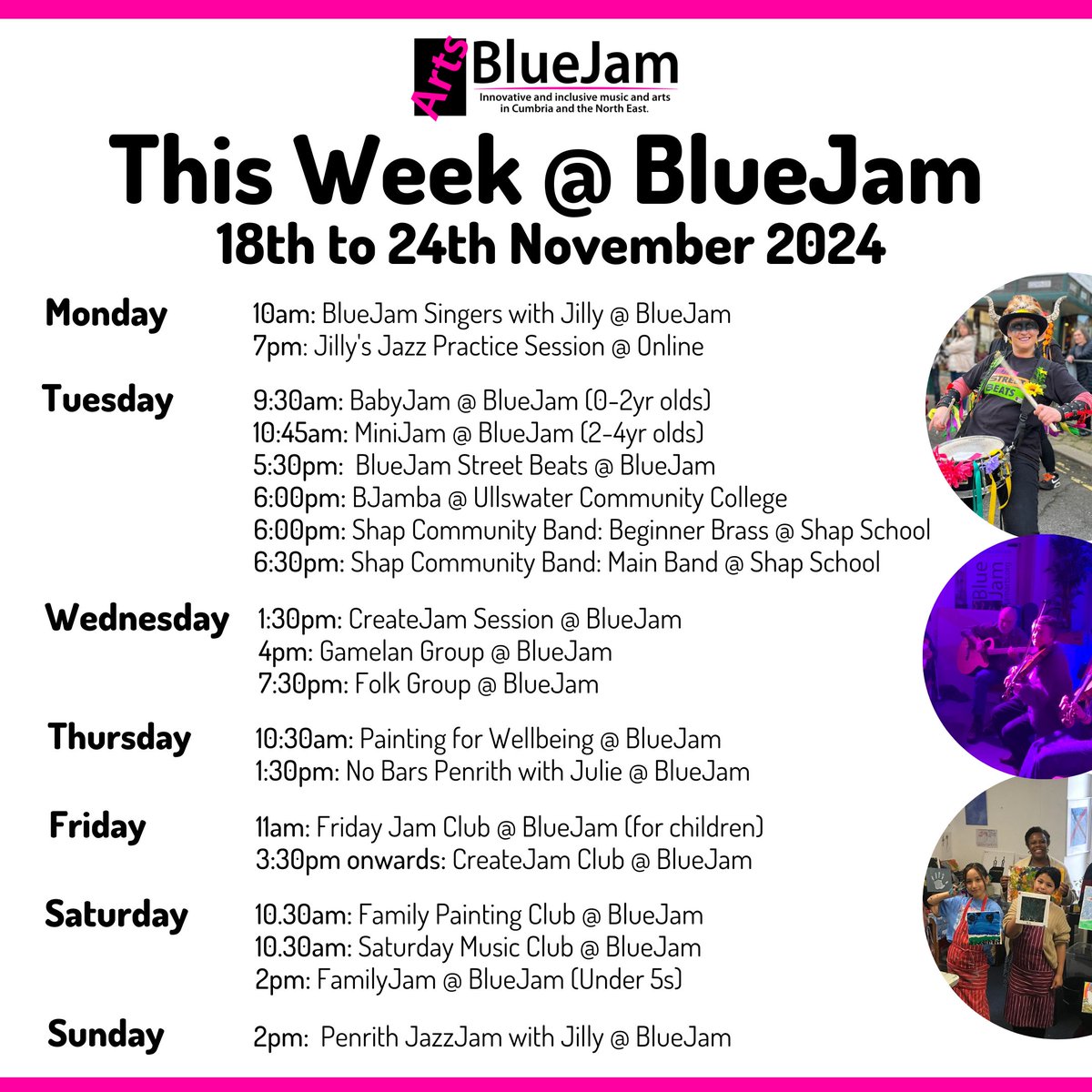 BlueJam Arts CIC (@bluejamarts) on Twitter photo Here's what's on at BlueJam this week - it's a busy one! We're particularly looking forward to our FamilyJam session on Saturday afternoon for under 5s and their grown ups. It's free to attend but booking is required - please email sarabarnard@bluejamarts.org to reserve your spot Here's what's on at BlueJam this week - it's a busy one! We're particularly looking forward to our FamilyJam session on Saturday afternoon for under 5s and their grown ups. It's free to attend but booking is required - please email sarabarnard@bluejamarts.org to reserve your spot