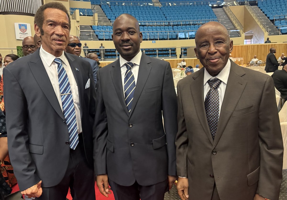 cdemlambo's tweet photo. The villager from Chiwara in Gutu, with a modern vision for Zim,otherwise known as the EAGLE 🦅,flanked by former Presidents of the Democratic Republic of Botswana: Lieutenant General Seretse Khama Ian Khama &amp; the intellectually &amp; technically gifted Ntate Festus Mogae #Makukanye https://t.co/r9PhfClMM7