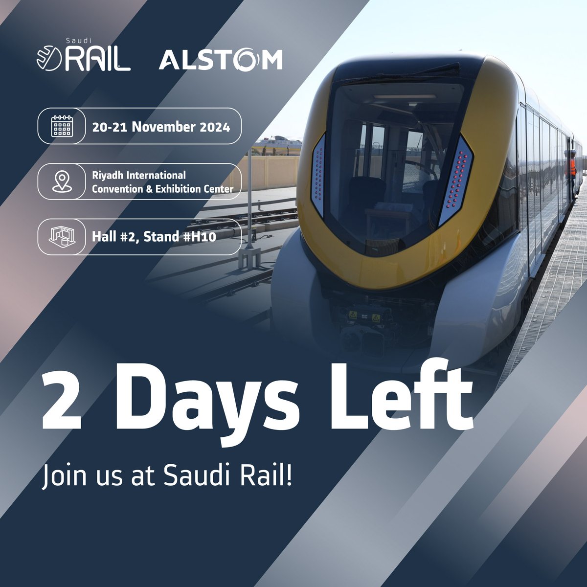 Only 2 days to go until #SaudiRail in Riyadh! 

Join Alstom at Hall 2, Stand H10 to explore our latest sustainable rail solutions and connect with industry leaders. The countdown is on—looking forward to seeing you there!