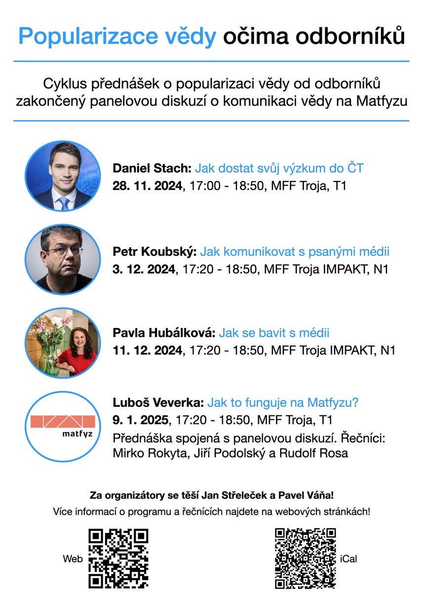 Příští  čtvrtek odstartuje na Matfyzu cyklus přednášek o popularizaci vědy! Nenechte si ujít vystoupení moderátora ČT Daniela Stacha. Mluvit bude o tom, proč je důležité šířit výzkumy mimo vědeckou obec, a dá tipy, jak je dostat do ČT.

📌Další info zde: utf.mff.cuni.cz/popularizace/P…