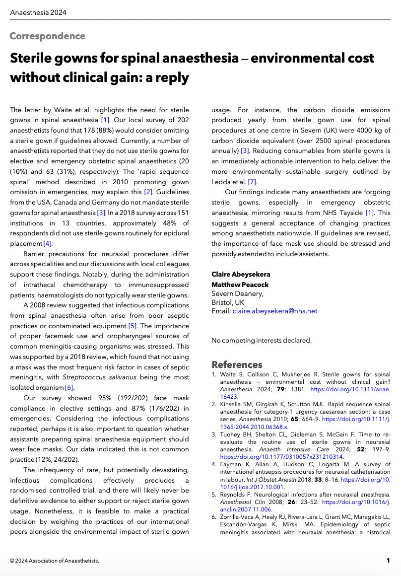 Should anaesthetists wear sterile gowns and facemasks when performing spinal anaesthesia?

NAP3 reported 2 cases of vertebral canal abscess &amp; 1 of infective meningitis (325,000 spinal anaesthetics).

What is the environmental cost?

buff.ly/4fBaPU0