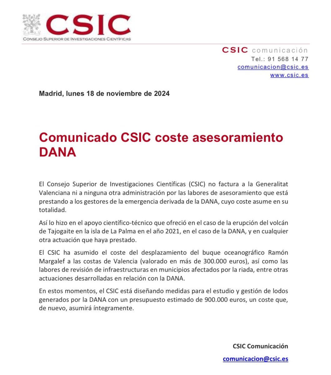 Quedan ya pocas organizaciones, administraciones o instituciones por desmentir a Mazón.

Hoy, el <a href="/CSIC/">CSIC</a> 👇🏼