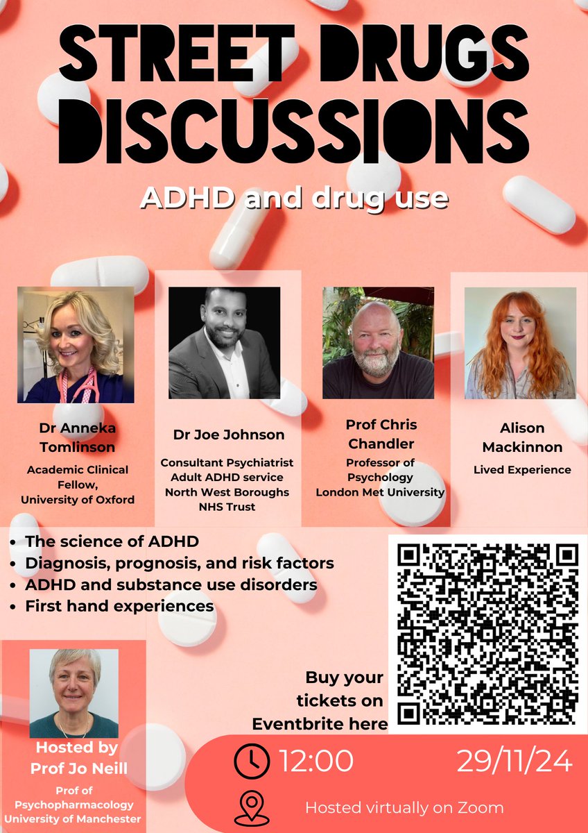 400+ Sign ups already - 

🚨Drugs and ADHD🚨  

&gt;The science of ADHD 
&gt;Diagnosis, prognosis, and risk factors 
&gt;ADHD and substance use disorders 
&gt;First hand experiences  

pls sign up, share and RT
eventbrite.co.uk/e/street-drugs…