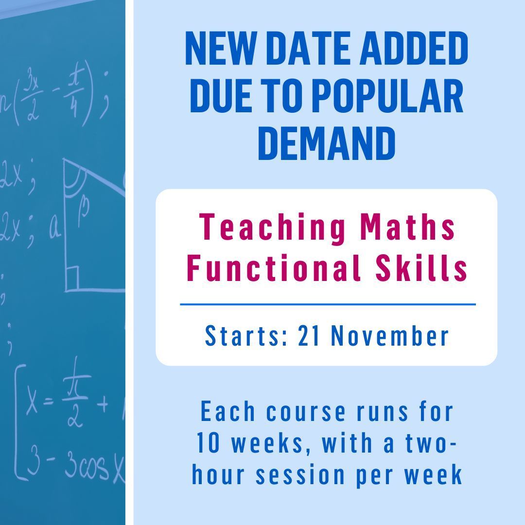 Are you ready to make maths come alive for your learners? Due to popular demand a new date has been added for our highly sought-after Level 5 Teaching Maths Functional Skills course, starting soon on Thursday 21 November.

👉 Find out more and sign up - buff.ly/4fLVxeH