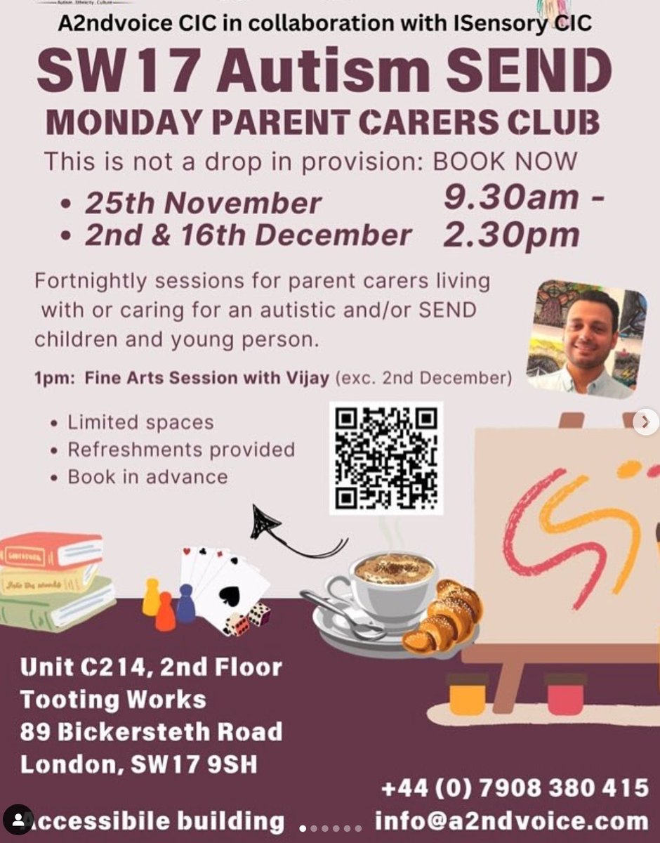 🤩 <a href="/autismvoice1/">Autism Voice</a> Carers Club sessions on Mondays 25 November, 2nd and 16th of December, 9.30 to 2.30pm for Autism SEND parent carers.

👉️Unit C214, 2nd floor, Tooting Works, SW17 9SH. Lifts available.

👉️Please book tinyurl.com/3hmsxf6f