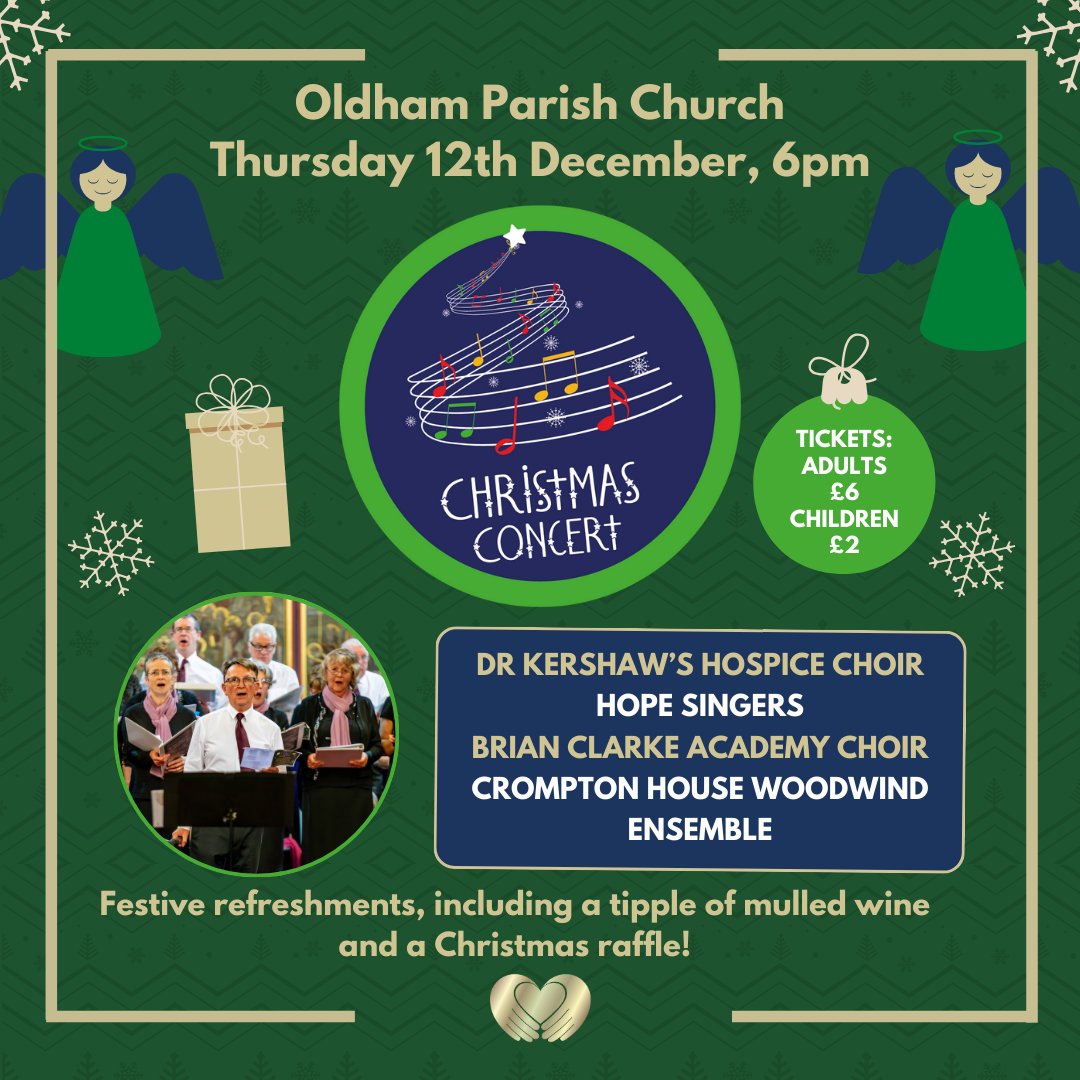 Our Christmas Concert takes place on Thursday 12th December at 6pm at Oldham Parish Church!

With readings, carols, and choir performances including Dr Kershaw's Hospice Choir, Hope Singers, Brian Clarke Academy and Crompton House Woodwind Ensemble.

drkh.org.uk/christmasconce…