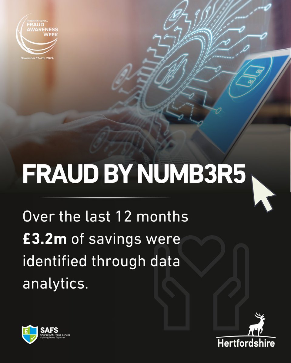 Spotlighting Hertfordshire Shared Anti-Fraud Service’s success for International Fraud Awareness Week! 🛡

£3.2m in savings identified through data analytics this year. 📈

Stay safe from fraud: 👉orlo.uk/L0m12