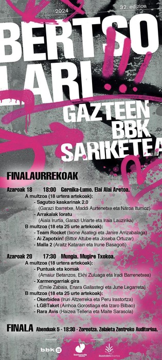 Bizkaie! (@bizkaie) on Twitter photo Gaur, hilak 18, Gernika-Lumoko Elai Alai Aretoan, XXXII. BBK Sariketearen 4. saioa: bizkaie.biz/1730381448239
👉 A multzoa: 'Sagutxo kaskarinak 2.0' eta 'Arrakalak loratu'.
👉 B multzoa: 'Team Rocket', 'Malla 2' eta 'Ai Zapotxin!'.
<a href="/BBertsozale/">Bizkaiko Bertsozale</a> <a href="/BBK_eus/">BBK Fundación Bancaria</a> <a href="/EHIkastolak/">Ikastolen Elkartea</a> Gaur, hilak 18, Gernika-Lumoko Elai Alai Aretoan, XXXII. BBK Sariketearen 4. saioa: bizkaie.biz/1730381448239
👉 A multzoa: 'Sagutxo kaskarinak 2.0' eta 'Arrakalak loratu'.
👉 B multzoa: 'Team Rocket', 'Malla 2' eta 'Ai Zapotxin!'.
<a href="/BBertsozale/">Bizkaiko Bertsozale</a> <a href="/BBK_eus/">BBK Fundación Bancaria</a> <a href="/EHIkastolak/">Ikastolen Elkartea</a>