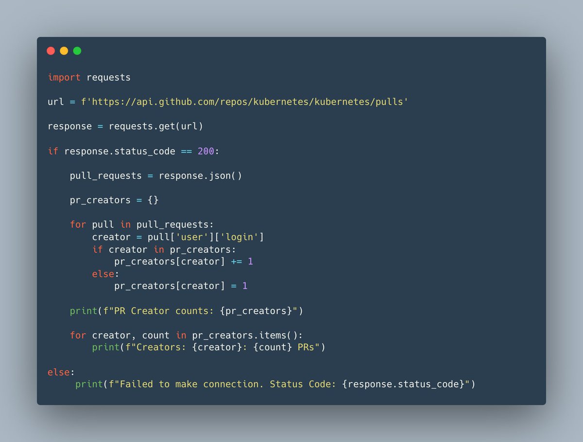 praveshstwt's tweet image. 🚀 Just wrote a Python script to analyze PR creators for the Kubernetes repo! 🐍
It fetches pull requests from GitHub and displays the top contributors. A cool way to practice API calls and data analysis. 🌐
#Python #DevOps #GitHubAPI #OpenSource
