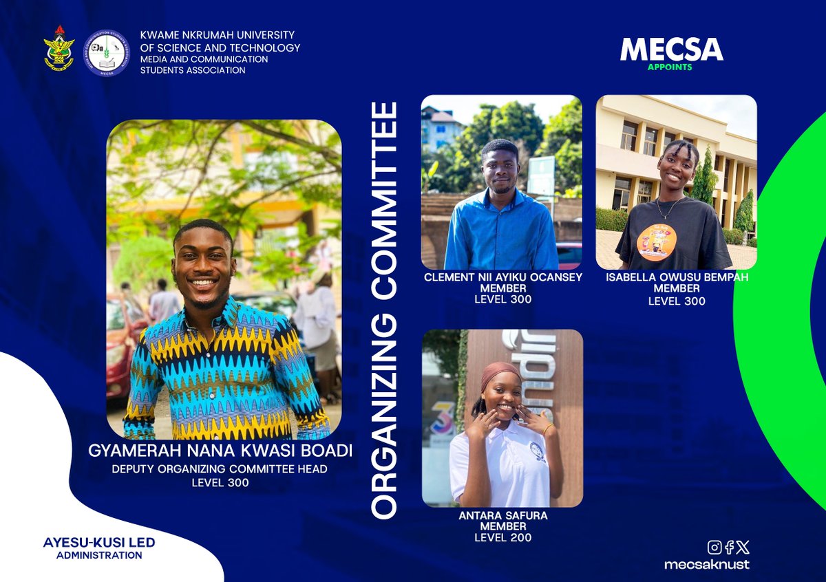 MecsaKnust's tweet photo. MECSA-KNUST is pleased to announce the appointment of itโs new Organizing committee for the next Academic year.
This committee shall be responsible for organizing activities of the association
#mecsa #mecsaknust
#mecsaappoints https://t.co/tI6U837fm4