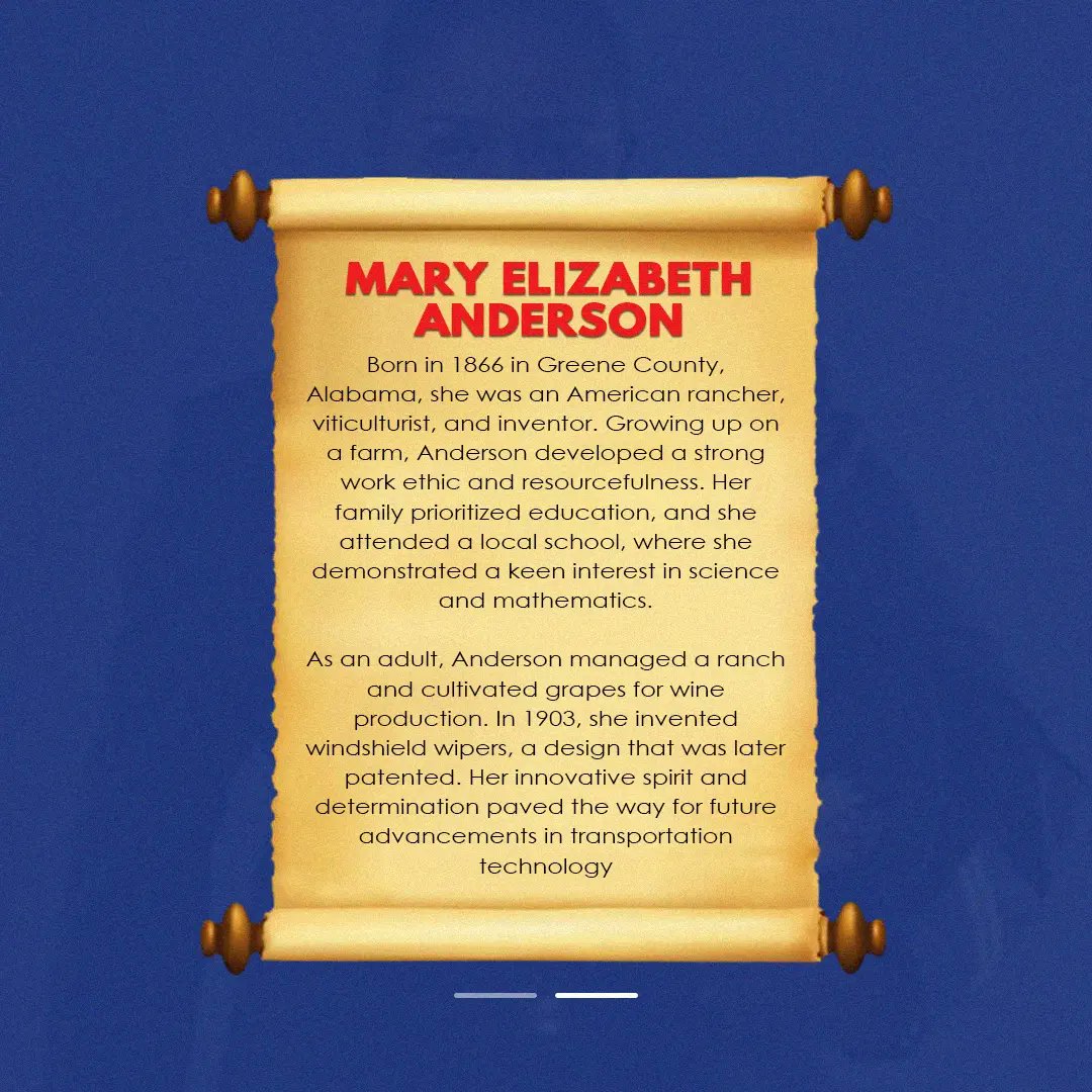 nsibofficial's tweet image. Celebrating a remarkable pioneer! 
Mary Elizabeth Anderson, an American rancher, viticulturist, and inventor, patented the first windshield wipers in 1903. 

Her groundbreaking spirit inspires future generations of innovators. 

 #NSIB #TransportSafety #TransportTechnology