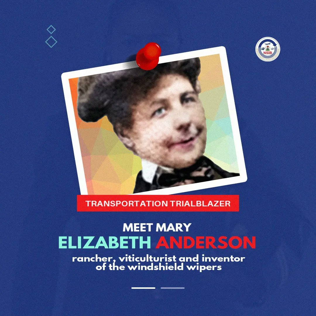 nsibofficial's tweet image. Celebrating a remarkable pioneer! 
Mary Elizabeth Anderson, an American rancher, viticulturist, and inventor, patented the first windshield wipers in 1903. 

Her groundbreaking spirit inspires future generations of innovators. 

 #NSIB #TransportSafety #TransportTechnology