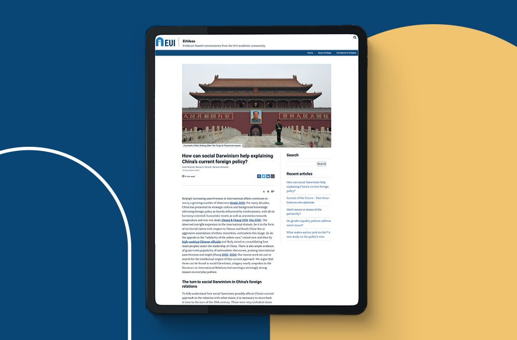 European University Institute (@eui_eu) on Twitter photo 🔎 How can social Darwinism explain China’s 🇨🇳 current foreign policy?
<a href="/awojciuk/">Anna Wojciuk</a> and <a href="/Maciej76718052/">Maciej Górecki</a>, Fernand Braudel Fellows at <a href="/eui_sps/">Political and Social Sciences at EUI</a>, and <a href="/BartekKowalski1/">Bartosz Kowalski</a> <a href="/unilodzpl/">University of Lodz</a>, unveil how social Darwinism impacts China’s international relations.
#EUIdeas: loom.ly/V-V5OpI 🔎 How can social Darwinism explain China’s 🇨🇳 current foreign policy?
<a href="/awojciuk/">Anna Wojciuk</a> and <a href="/Maciej76718052/">Maciej Górecki</a>, Fernand Braudel Fellows at <a href="/eui_sps/">Political and Social Sciences at EUI</a>, and <a href="/BartekKowalski1/">Bartosz Kowalski</a> <a href="/unilodzpl/">University of Lodz</a>, unveil how social Darwinism impacts China’s international relations.
#EUIdeas: loom.ly/V-V5OpI