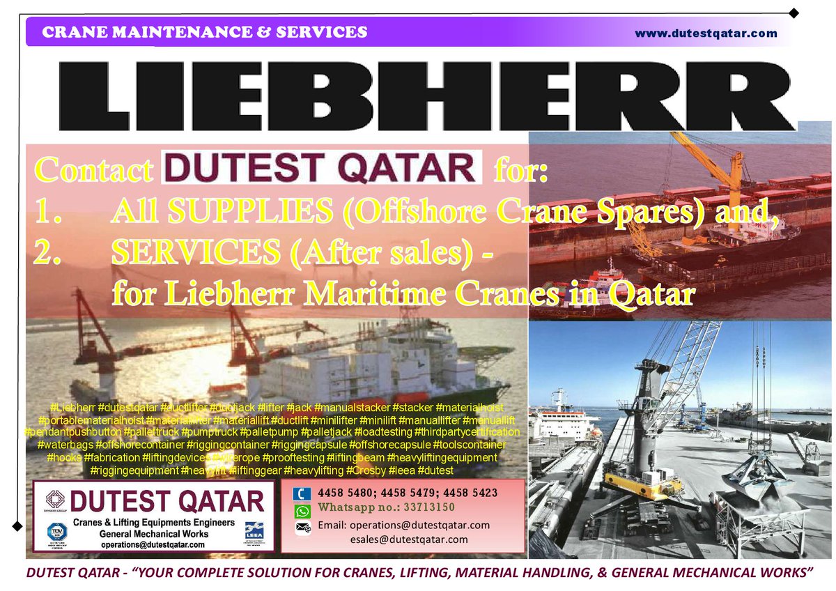 Contact DUTEST QATAR for #offshorecranespares and Services (After sales) for #LIEBHERRmaritimecranes in Qatar. Call or 'whatsapp' us at 33713150. #dutestqatar #LIEBHERR dutestqatar.com/gallery.html
