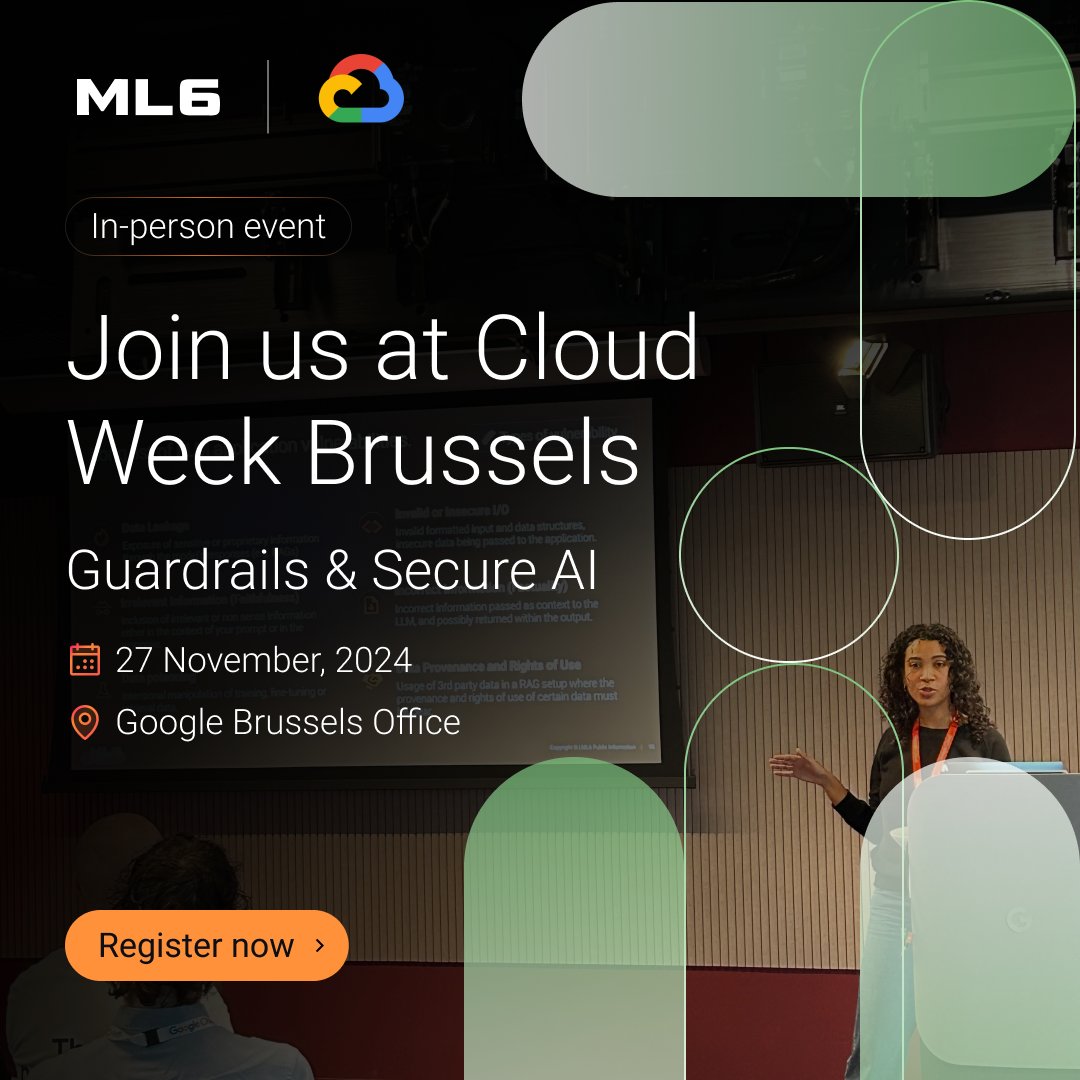 ml6team's tweet photo. ☁️ Join us at Cloud Week Brussels, November 28, 2024! Our Legal Counsel Michiel Van Lerbeirghe, together with Uri Ilan (Princess Maxima Center) will give a talk about guardrails & secure AI.
https://t.co/lcecCFuQmX #ml6 #Cloudweek https://t.co/Bogs6cQz50