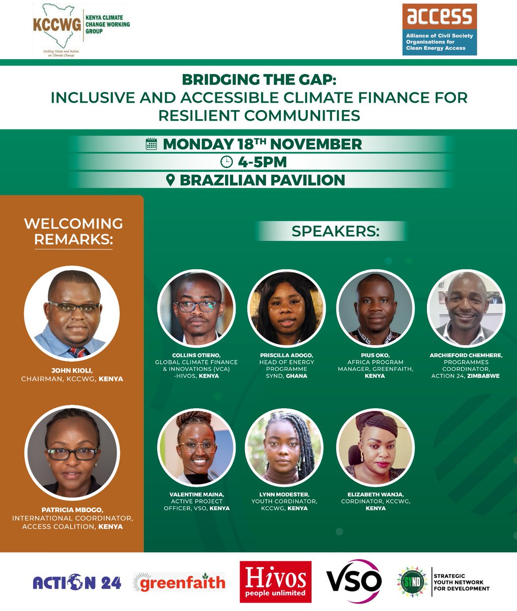 The Kenya Climate Change Working Group (@kccwg) on Twitter photo COP 29 has been dubbed the 'Finance COP' The biggest question ishow communities access these finances as negotiations proceed.
Join us in the Blue zone, Brazil pavilion 4PM (GMT+4) as we discuss 'Inclusive & Accessible Climate Finance for Resilient Communities '
<a href="/ACCESSCSOs/">ACCESS Coalition</a> COP 29 has been dubbed the 'Finance COP' The biggest question ishow communities access these finances as negotiations proceed.
Join us in the Blue zone, Brazil pavilion 4PM (GMT+4) as we discuss 'Inclusive & Accessible Climate Finance for Resilient Communities '
<a href="/ACCESSCSOs/">ACCESS Coalition</a>