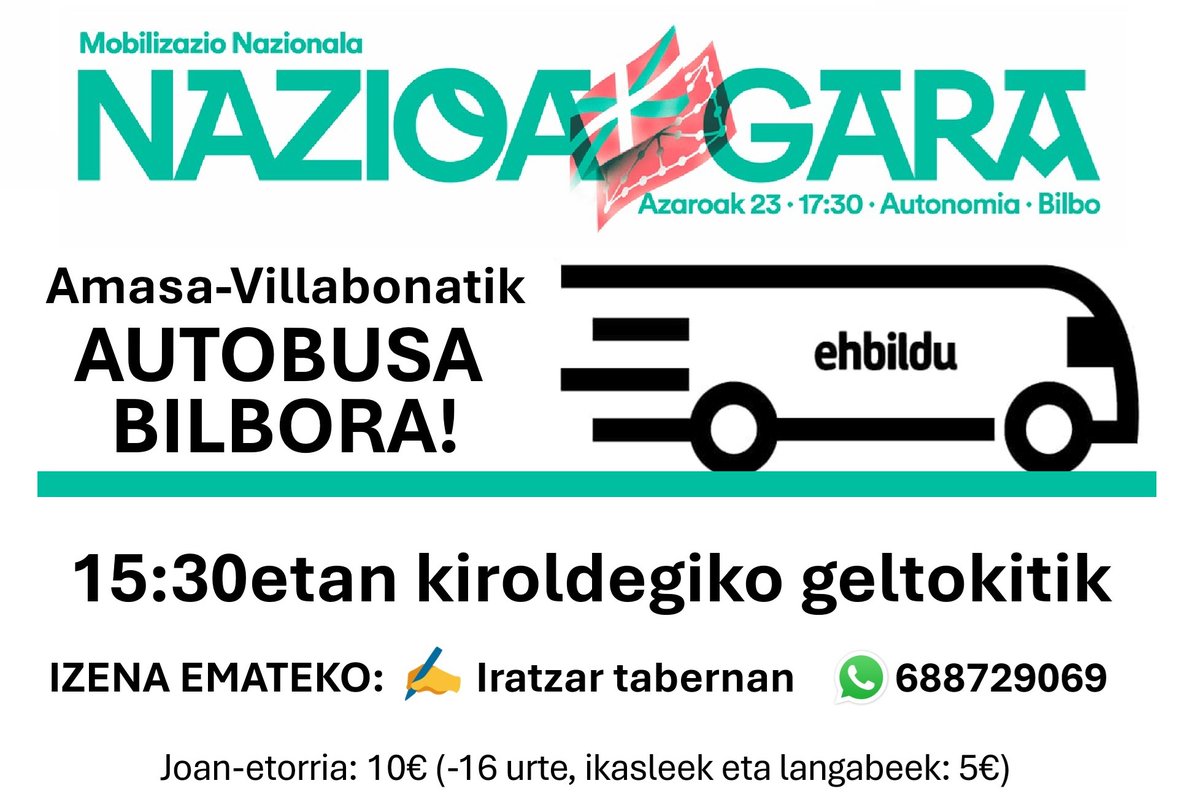 Larunbatean Bilboko kaleak betetzera goaz Euskal Herria nazioa dela eta etorkizuna libre ta demokratikoki erabakitzeko eskubidea duela ozen aldarrikatzeko.
🚍Zatoz Amasa-Villabonako autobusean!
✍️Iratzar tabernan 📲688729069
Sekulakoa egingo dugu, animatu!
#NazioaGara #A23Bilbora