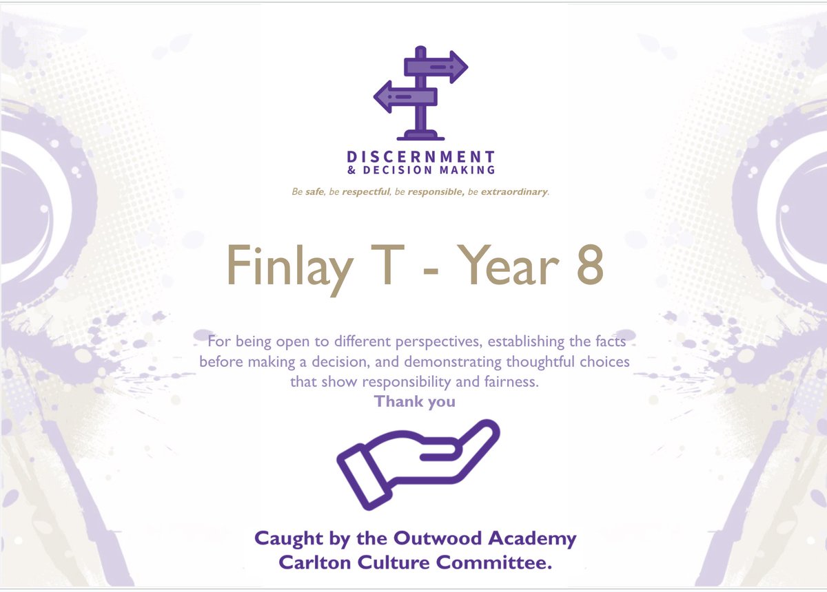 OACarlton's tweet image. We love that our Culture Committee have ‘Caught’ 👀 some outstanding character again this week 👏💜

#CorePurpose
#GrowingGoodHumans 
#CharacterTraits