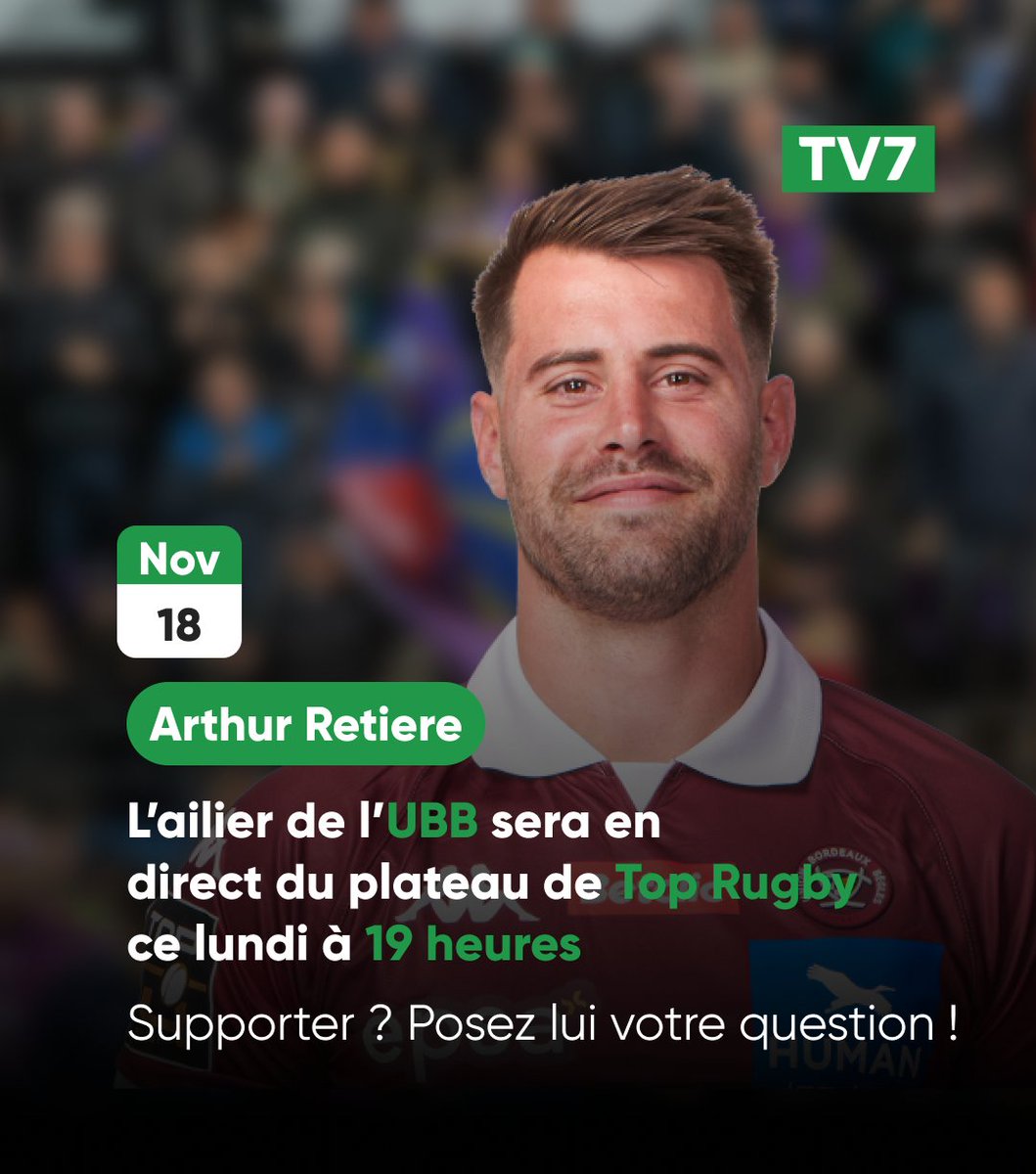 🏉 #TopRugby : Rendez-vous à 19h sur TV7 et tv7.com  pour une émission 100% <a href="/UBBrugby/">Union Bordeaux Bègles</a> avec l'ailier bordelais Arthur Retiere !⤵️

💡 Supporters, posez-lui votre question en commentaires ! 

#iloveubb #rugby #ubb #tv7