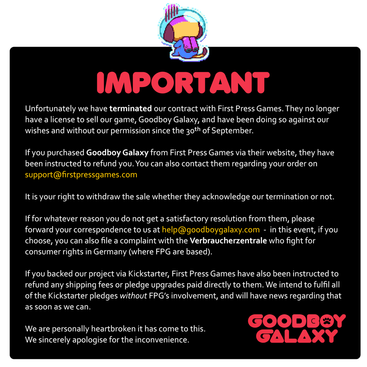 Important: We have terminated our contract with <a href="/FirstPressGames/">First Press Games</a>